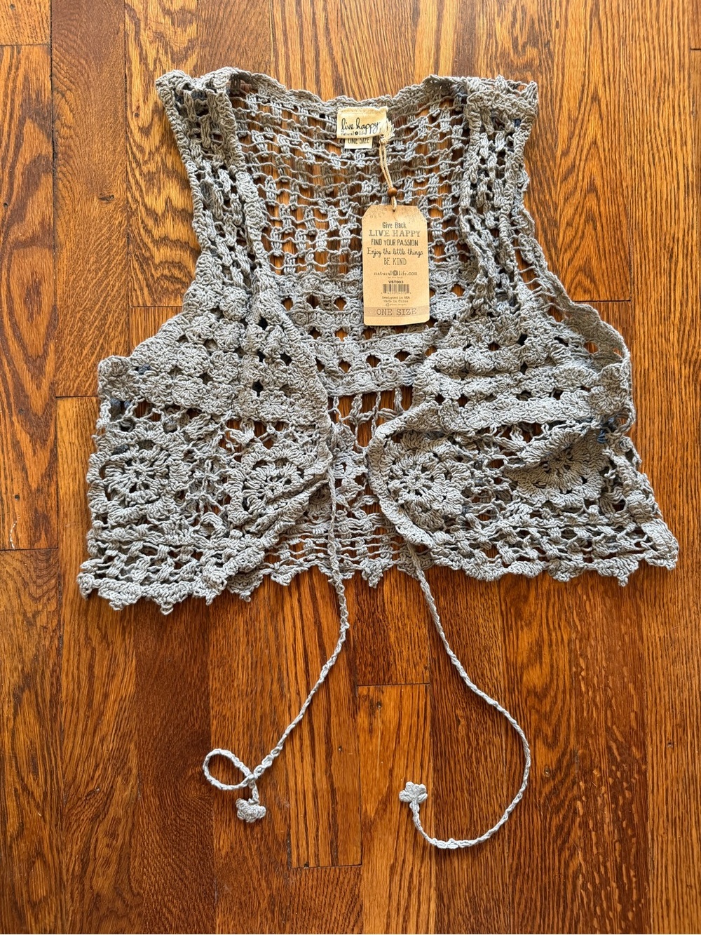 Natural Life Crochet Tie-Front Vest in Light Gray